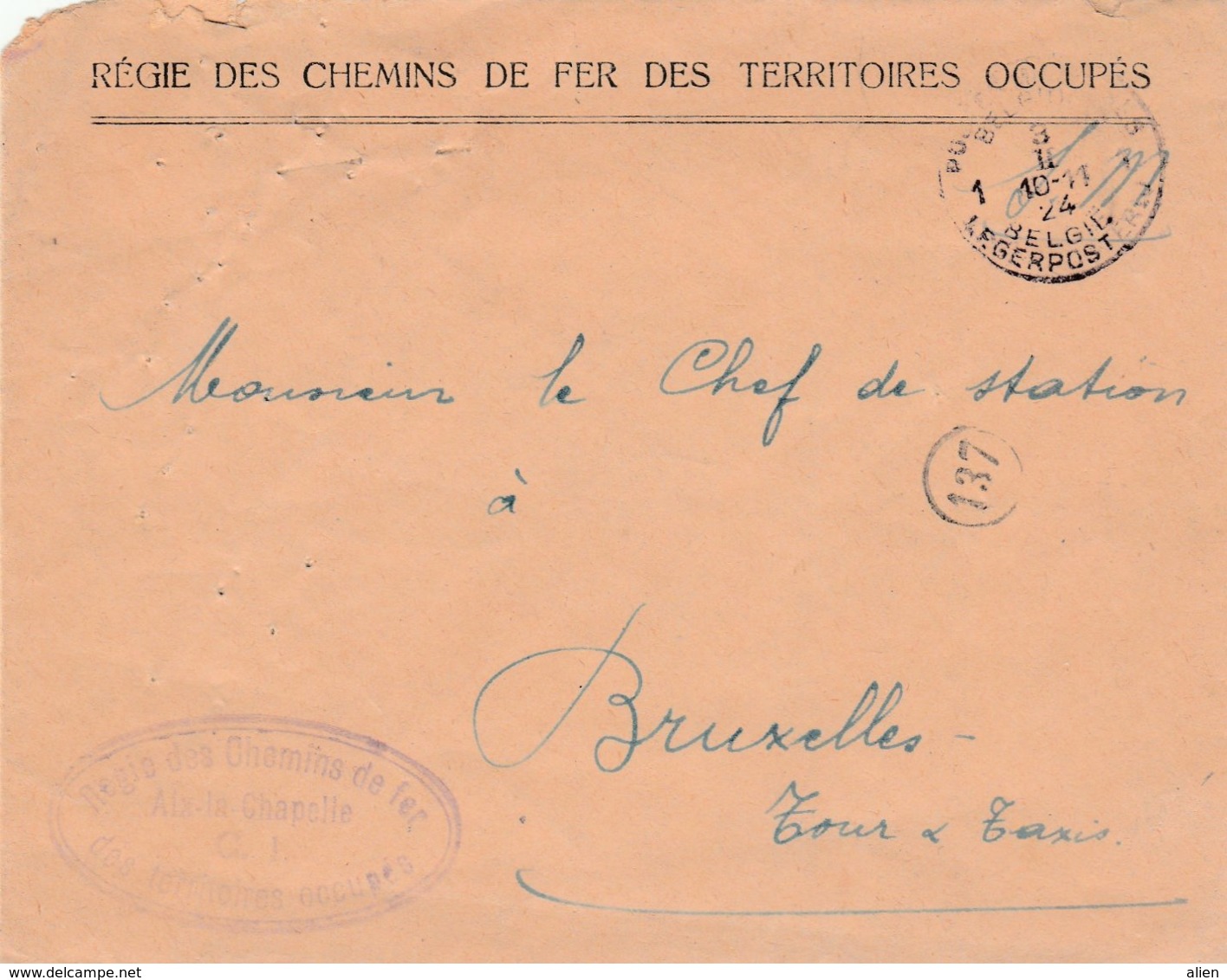 Brief "Régie D.Chemins De Fer Des Territoires Occupés" Als Hoofding En Stempel In Ellips - Belg Legerpost 1, 1924. - OC38/54 Belgische Bezetting In Duitsland