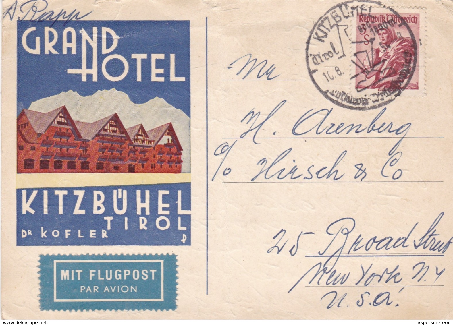 OSTERREICH ENVELOPPE CIRCULATED FROM GRAND HOTEL, KITZBUHEL TIROL TO NEW YORK, U.S.A.. CIRCA 1950's AIR MAIL -LILHU - Storia Postale