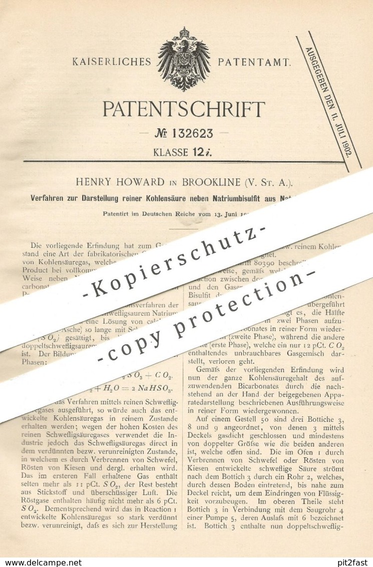 Original Patent - Henry Howard , Brookline , USA , 1900 , Darstellung Von Kohlensäure Neben Natriumbisulfit | Chemie - Historische Dokumente