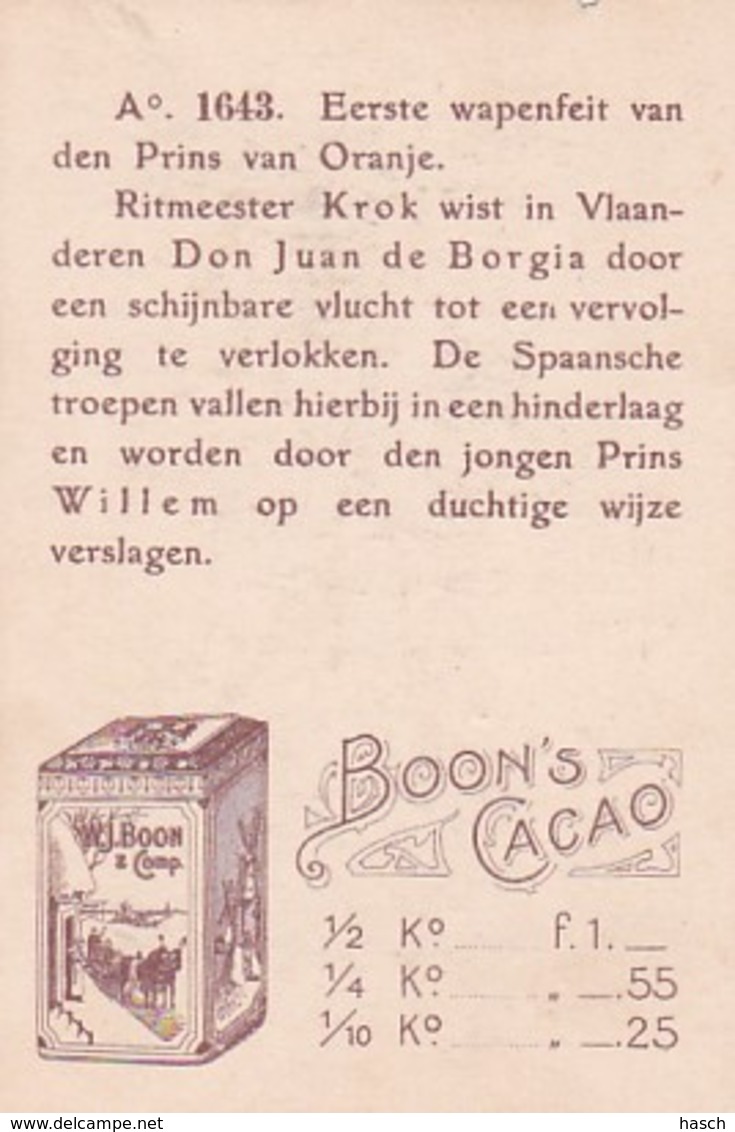 1937116Boon's Cacao, Wormerveer. Ao. 1643. Eerste Wapenfeit Van Den Prins Van Oranje. - Chocolade