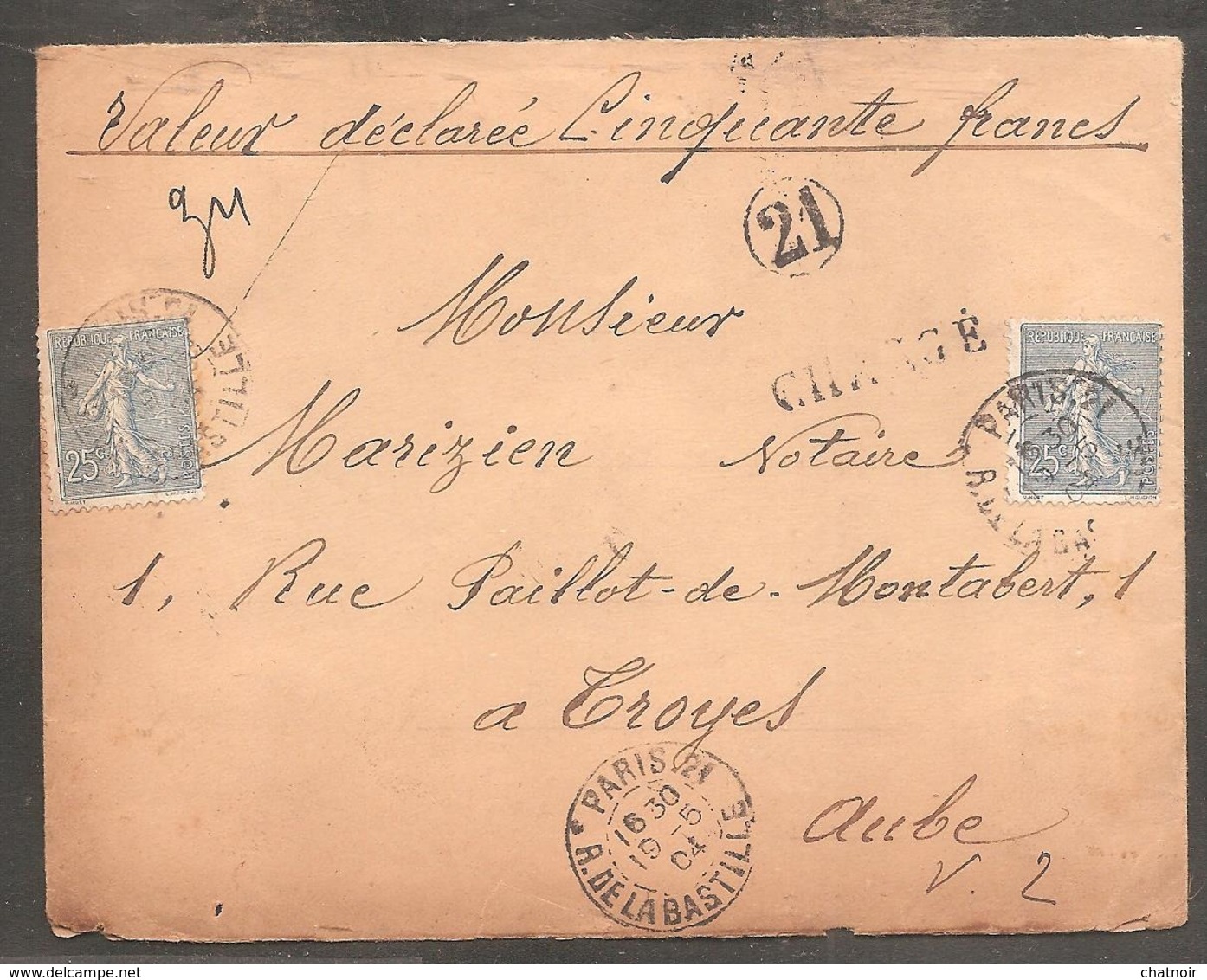 Enveloppe Charge De PARIS   1904  Avec  25c Semeuse X 2  + Grille De Chargement Au Dos - Autres & Non Classés