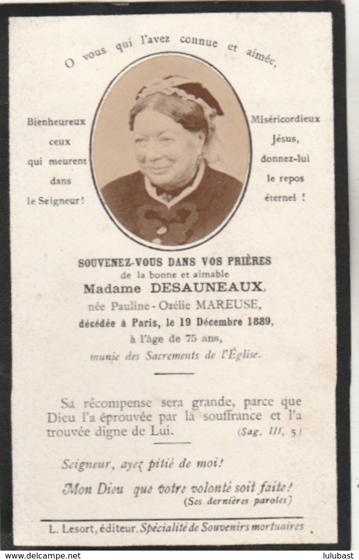 Carte D'annonce De Décès. Paris - Décès De Pauline-Ozélie DESAUNEAUX Née MAREUSE.(avec Photo.) - Avvisi Di Necrologio