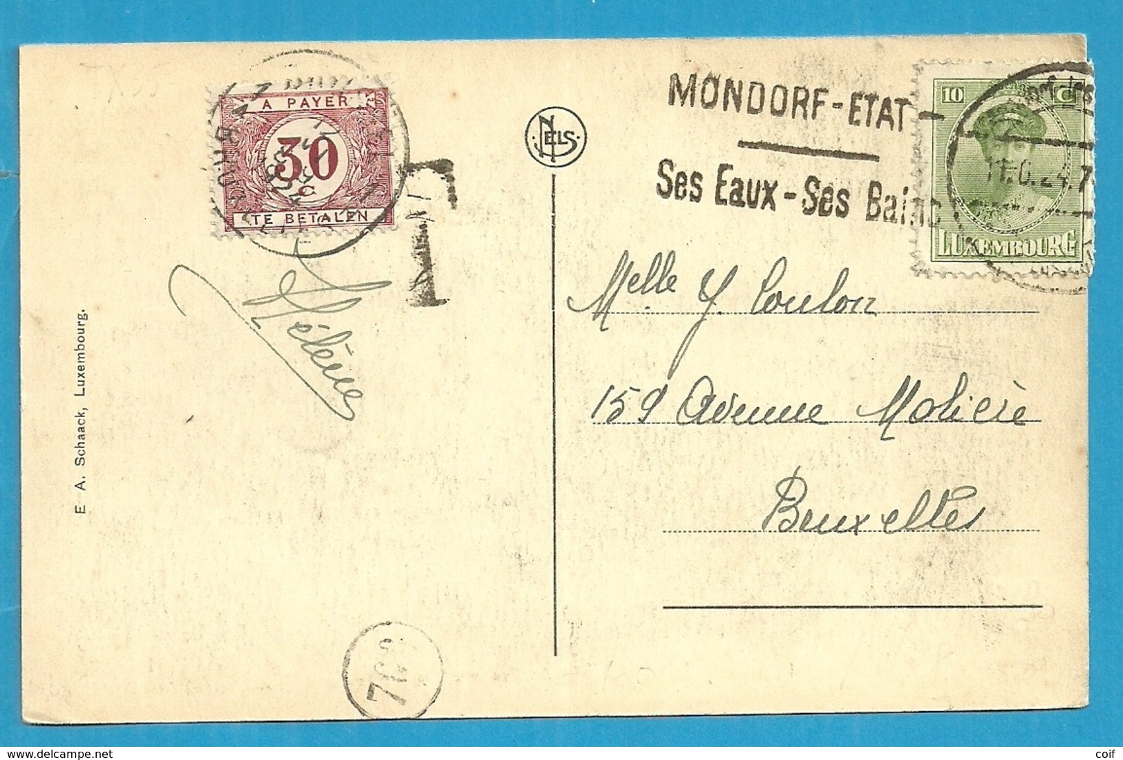 Kaart Verzonden MONDORF (Luxembourg) , Getaxeerd (taxe) Met TX 35 (diep ROOD) Met Stempel BRUSSEL - Covers & Documents