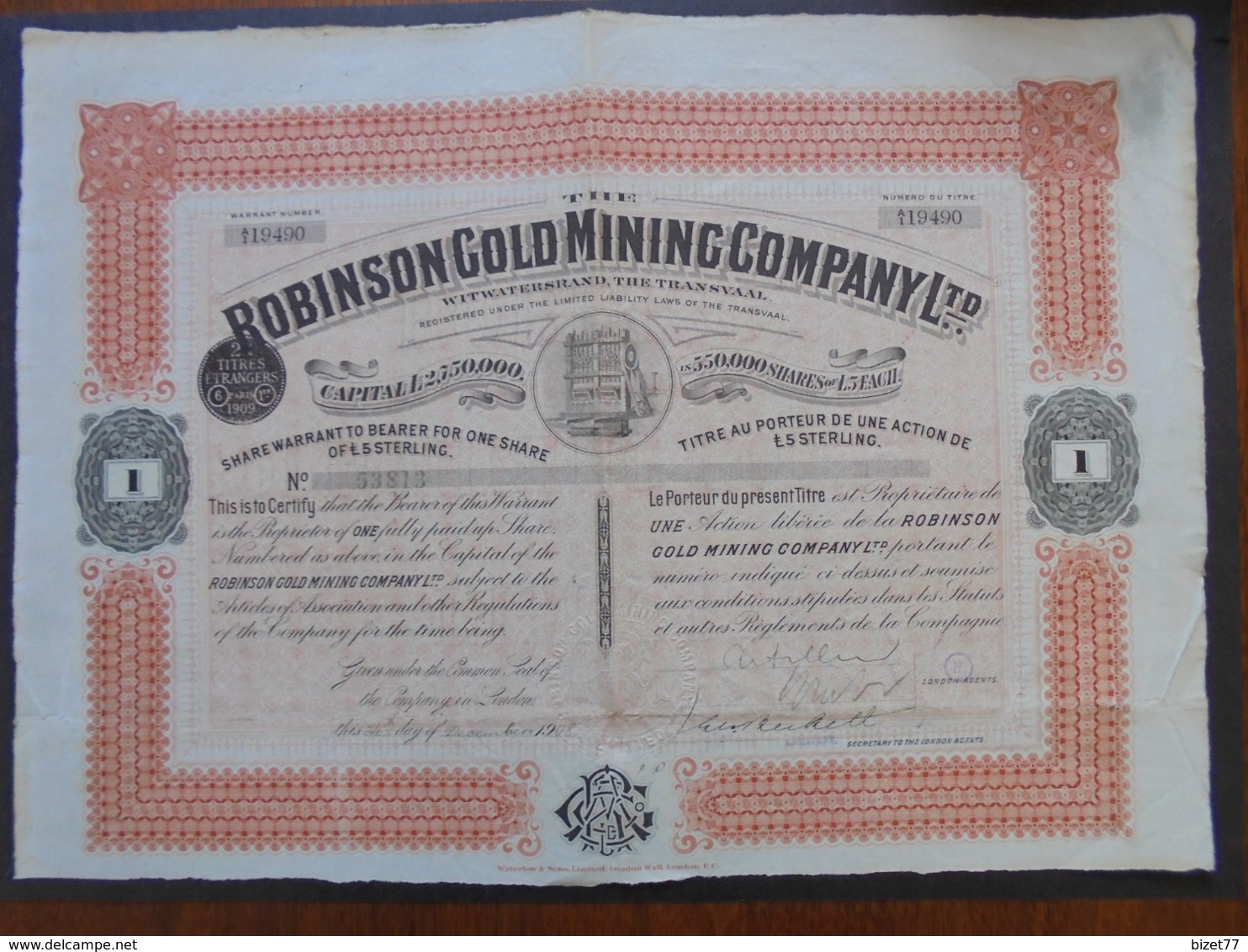 AFRIQUE DU SUD, LONDRES 1908 - THE ROBINSON GOLD MINING, ACTION DE 5 £ STERLING, PAS DE COUPONS - Altri & Non Classificati