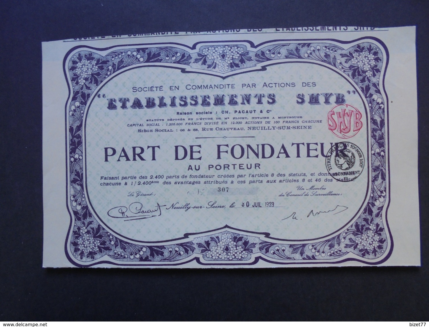 FRANCE, NEUILLY SUR SEINE 1923 - ETABLISSEMENTS SHYB - PART DE FONDATEUR - BELLE FRISE ART DECO - Autres & Non Classés