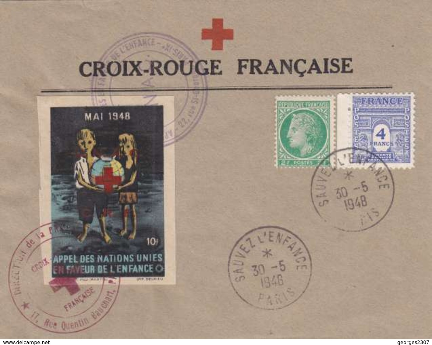 ♦FRANCE:BELLE LETTRE CROIX ROUGE APPEL DES NATIONS UNIES EN FAVEUR DE L'ENFANCE - 30 MAI 1948 - Cachets Commémoratifs