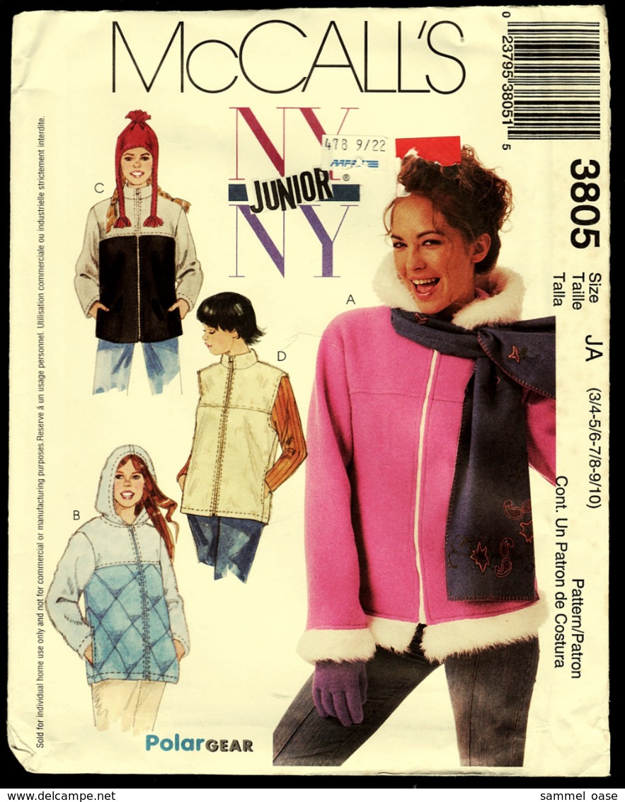 Vintage McCall`s Schnittmuster 3805  -  Junge-Damen-Jacke Weste Mit Kaputze  -  Size JA  -  Größe 4-10 - Designermode