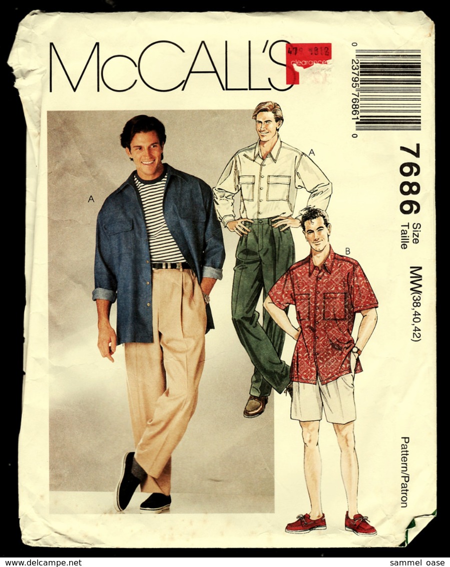 Vintage McCall`s Schnittmuster 7686  -  Herren Lang Oder Kurzarm Shirt, Hose & Shorts  -  Größe 38-42 - Andere & Zonder Classificatie