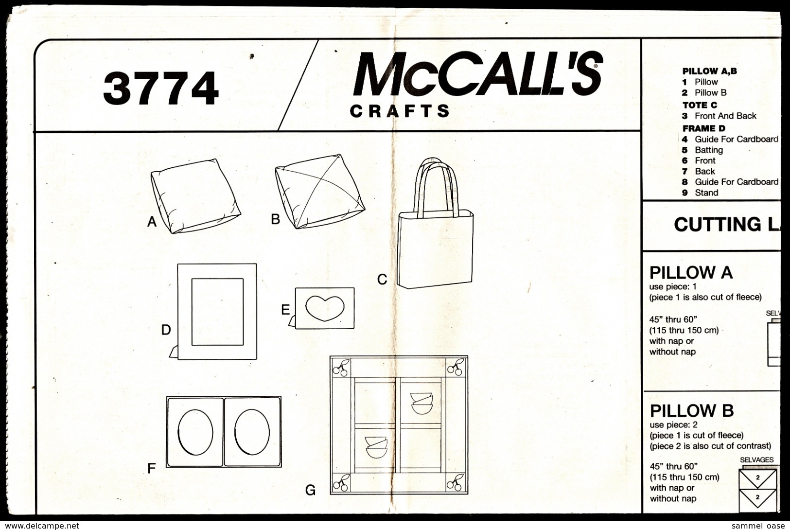 Vintage McCall`s Schnittmuster 3774 Crafts  -  Steppdecke, Tasche, Kissen, Bilderrahmen - Point De Croix