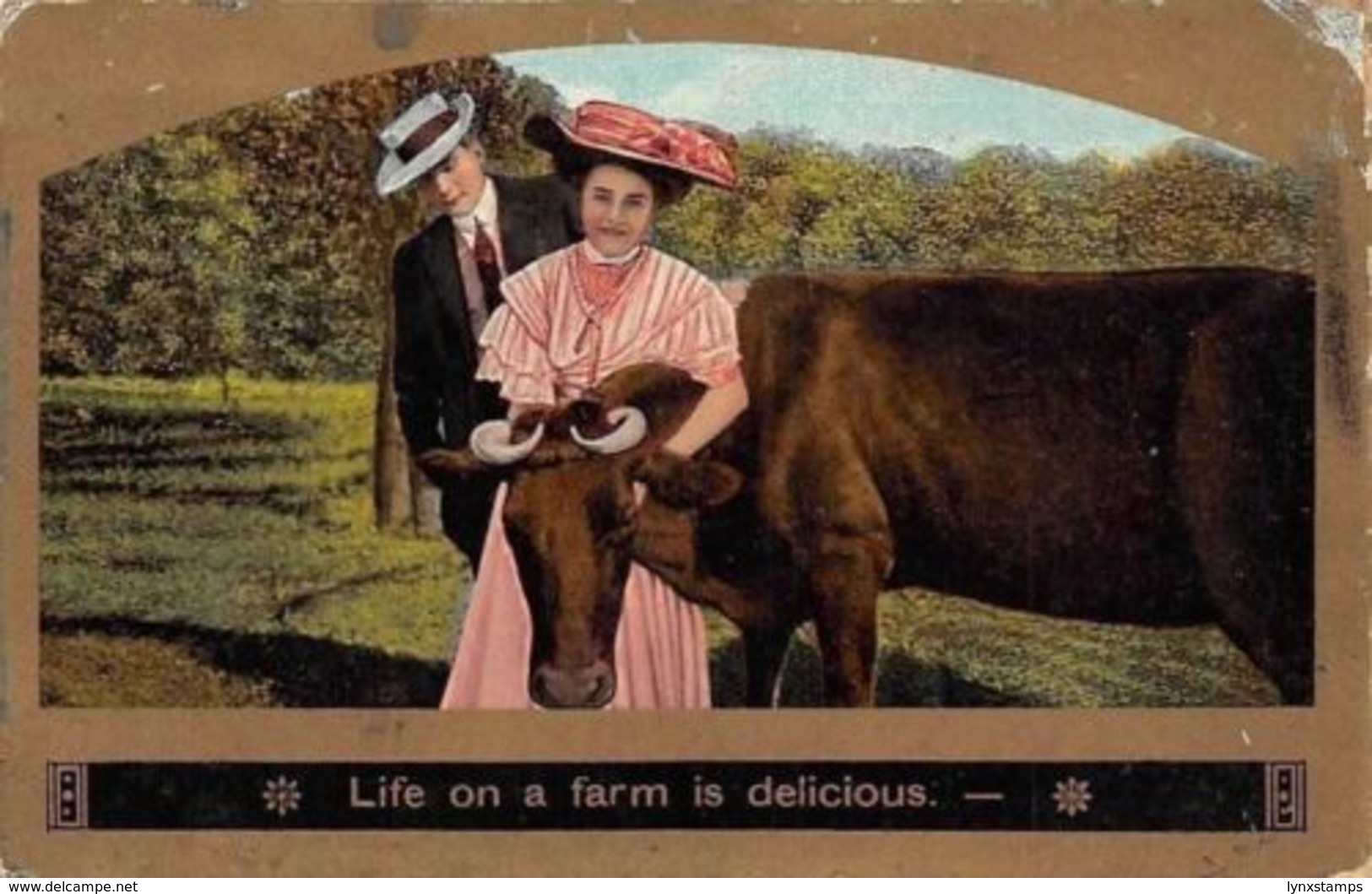 Life On A Farm Is Delicious! Elegant Lovers Couple, Cattle, Ox, Fauna 1910 - Autres & Non Classés