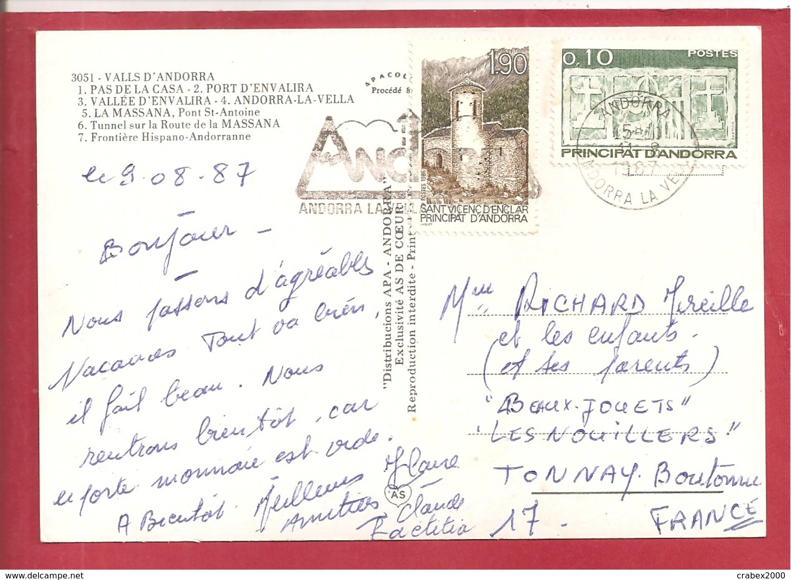 Y&T°354+371 ANDORRE LA VIEILLE  Vers   FRANCE  1987 - Storia Postale