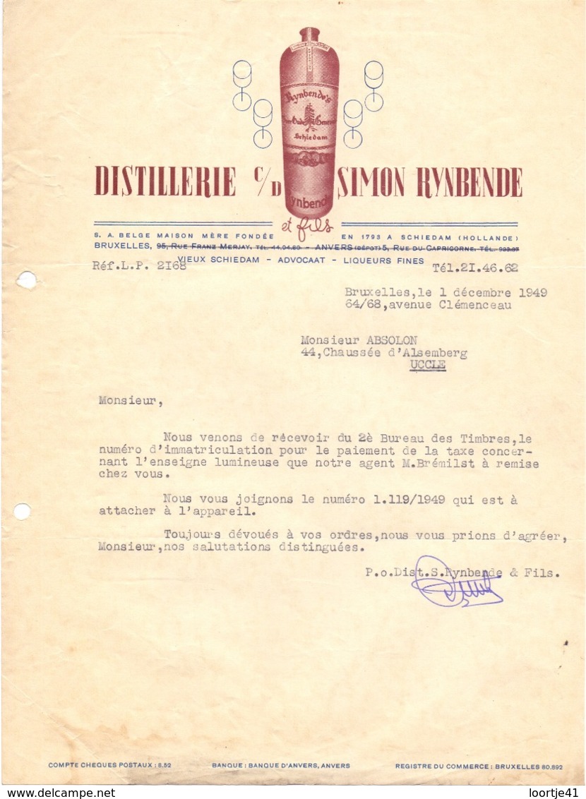 Factuur Facture - Lettre - Liqueurs , Distillerie Simon Rynbende - Bruxelles 1949 - Alimentaire