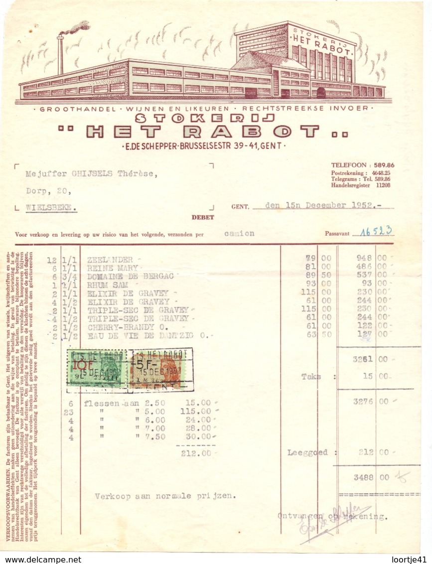 Factuur Facture - Wijnen Likeuren - Stokerij Het Rabot - Gent 1952 - Levensmiddelen