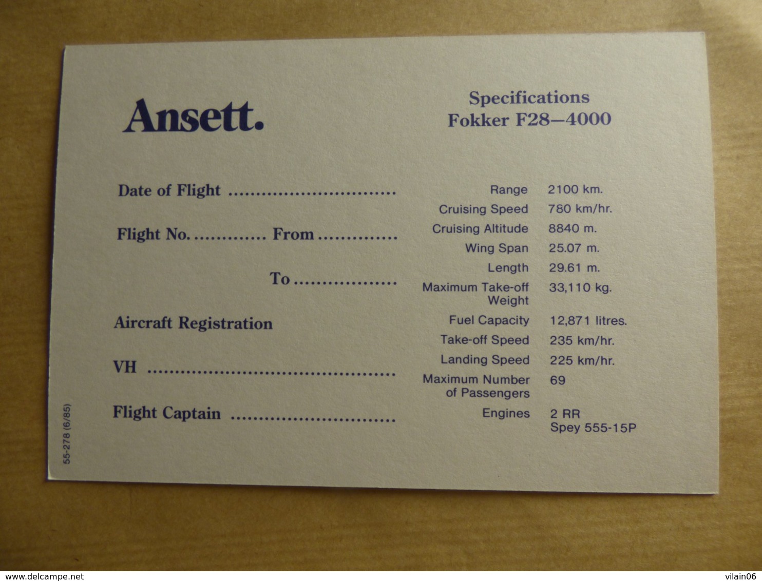 ANSETT  FOKKER 28-4000  AIRLINE ISSUE / CARTE COMPAGNIE - 1946-....: Era Moderna