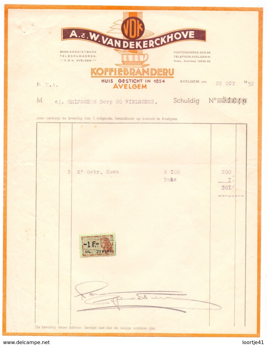 Factuur Facture - Koffiebranderij A & W. Van De Kerckhove - Avelgem 1952 - Alimentare