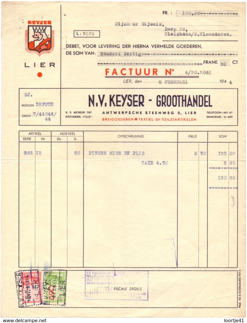 Factuur Facture - Textiel, Kleding Groothandel NV Keyser - Lier 1944 - Kleidung & Textil