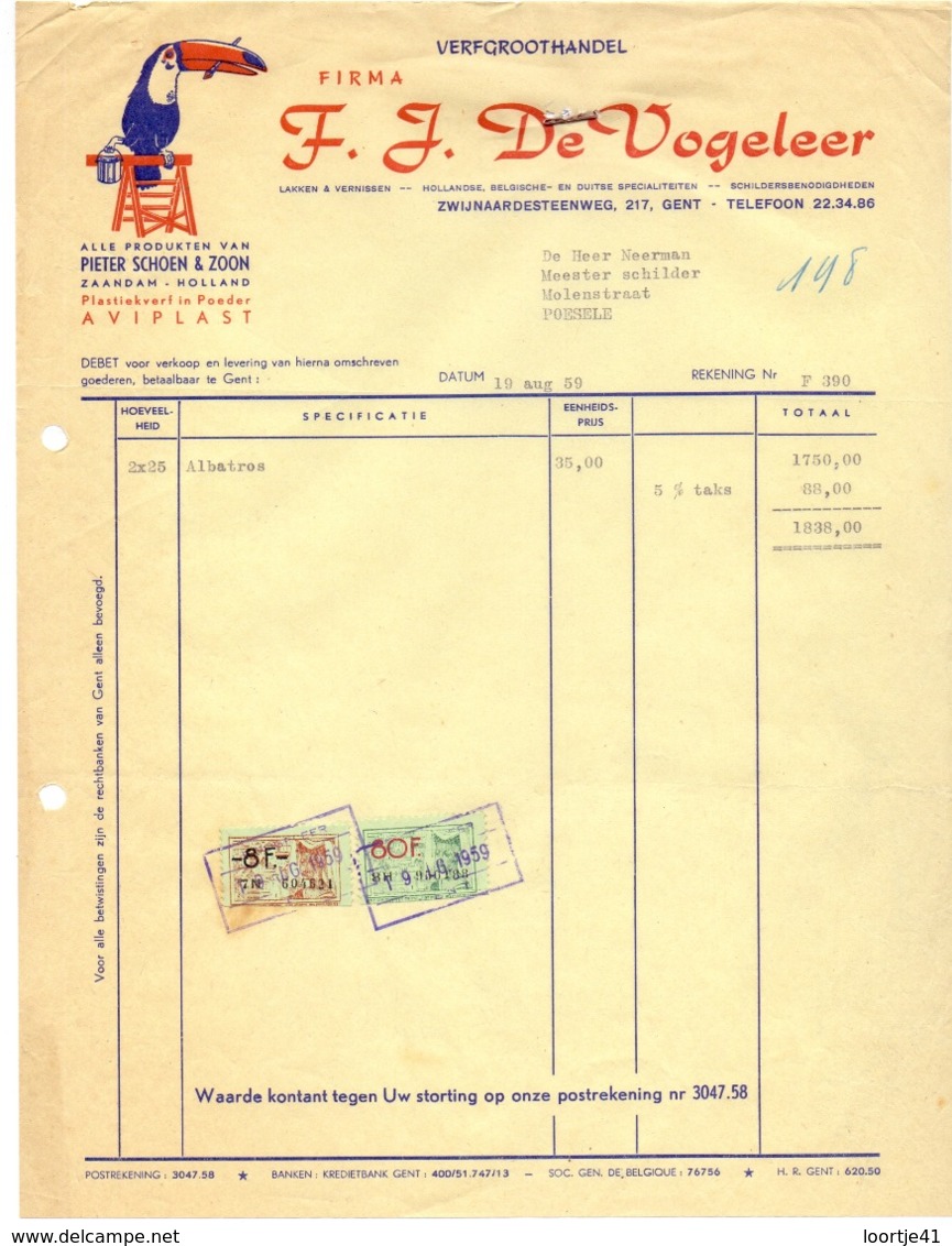 Factuur Facture - Verf Produkten Pieter Schoen Zaandam - Firma F.J. De Vogeleer - Gent 1959 - Drogerie & Parfümerie