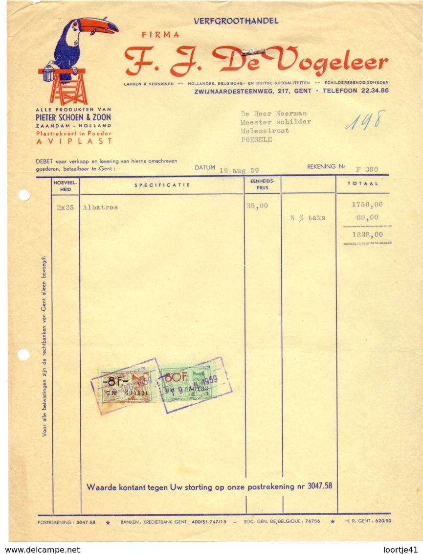 Factuur Facture - Verf Produkten Pieter Schoen Zaandam - Firma F.J. De Vogeleer - Gent 1959 - Profumeria & Drogheria
