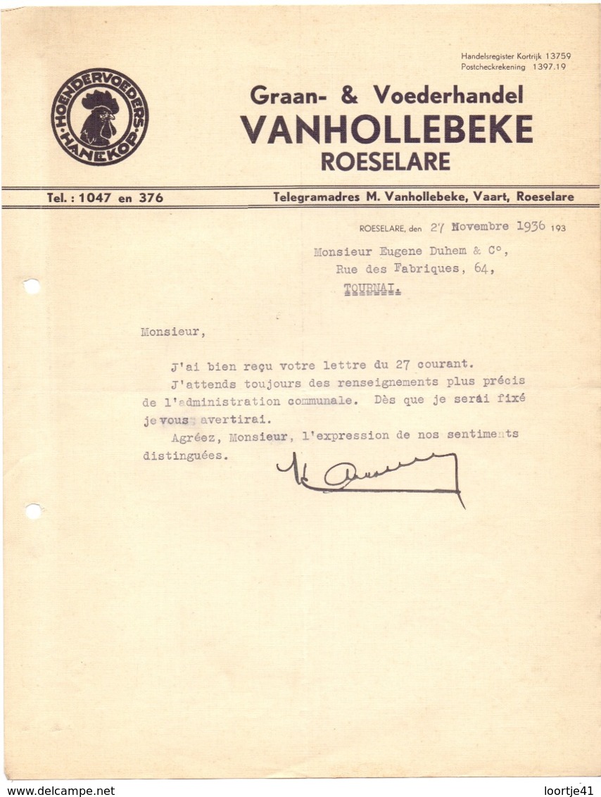 Factuur Facture - Brief Lettre -  Graan & Voederhandel Vanhollebeke - Roeselare 1936 - Food