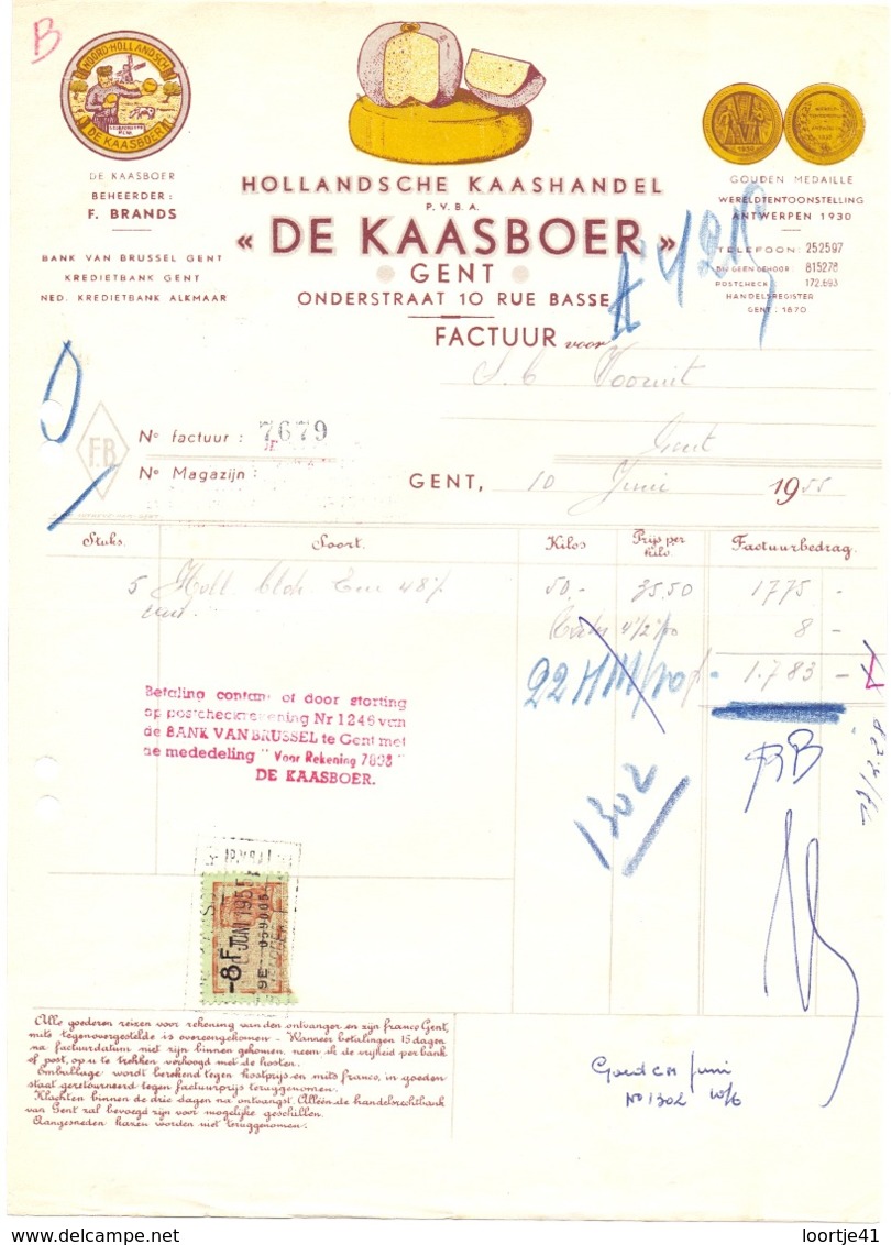 Factuur Facture - Kaas , De Kaasboer - Onderstraat Gent 1955 - Alimentaire