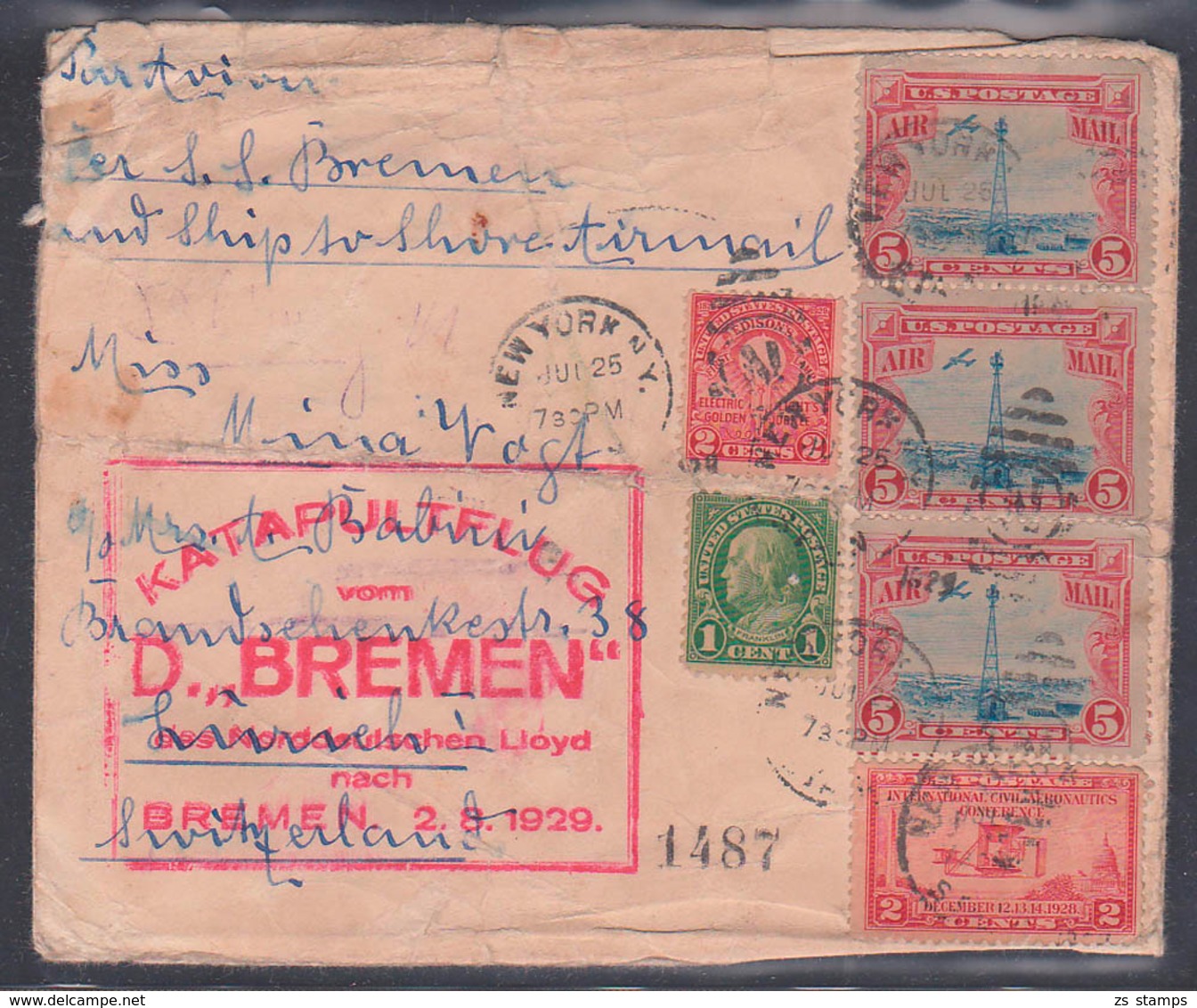 USA 1925 Letter New York To Zurich Switzerland With Katalpultflug Vom D. "BREMEN" Norddeutscher Lioyd 2.8.1929 - Cartas & Documentos