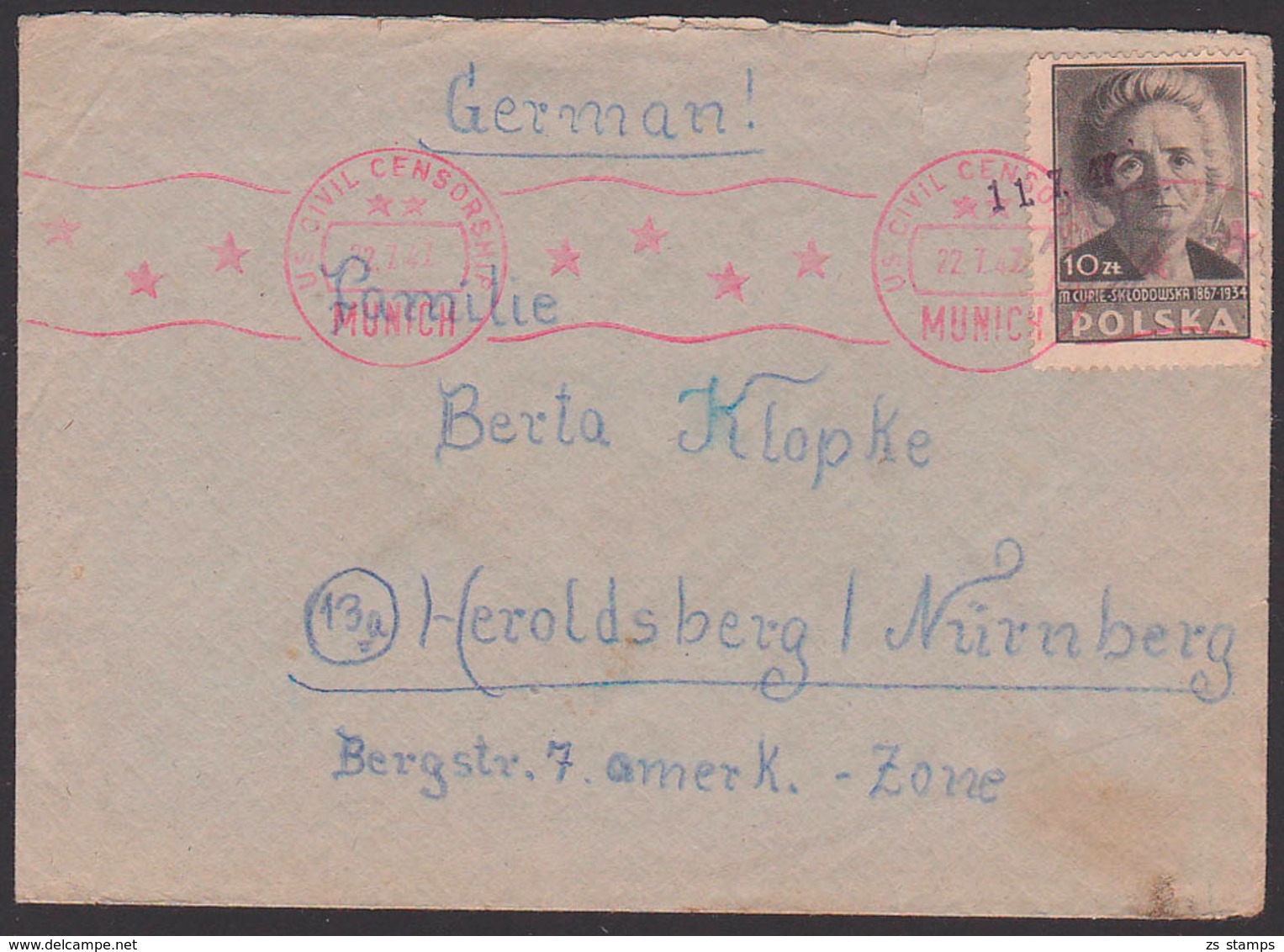 Polska Kepice Szezecin 22.7.47 Brief US Civil Censorhsip München Munich Letter To Heroldsberg Bei Nürnberg - Storia Postale