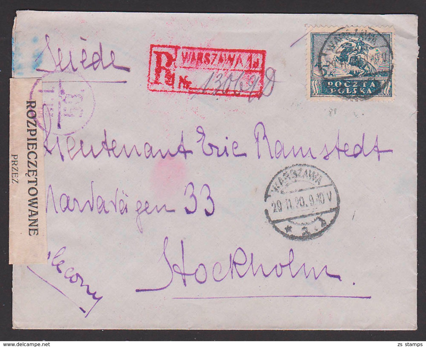 Polska POLEN Recomande-Brief 29.11.1920 Nach Schweden Stockholm Aus Warschau Warszawa Mit ROZPIECZETOWANE - Lettres & Documents