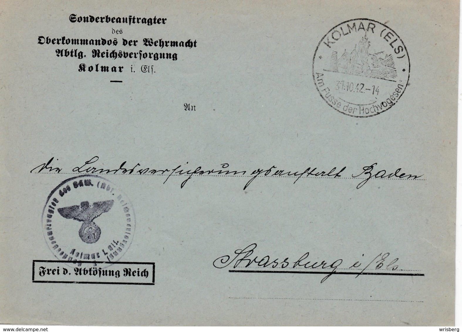 Env Frei Durch Ablôsung Reich Obl OMEC MÜLHAUSEN (ELS) 2 Du 26.2.43 BOLLWERK / DEUTSCHEN / FLEISSES Pour Strassburg - Lettres & Documents