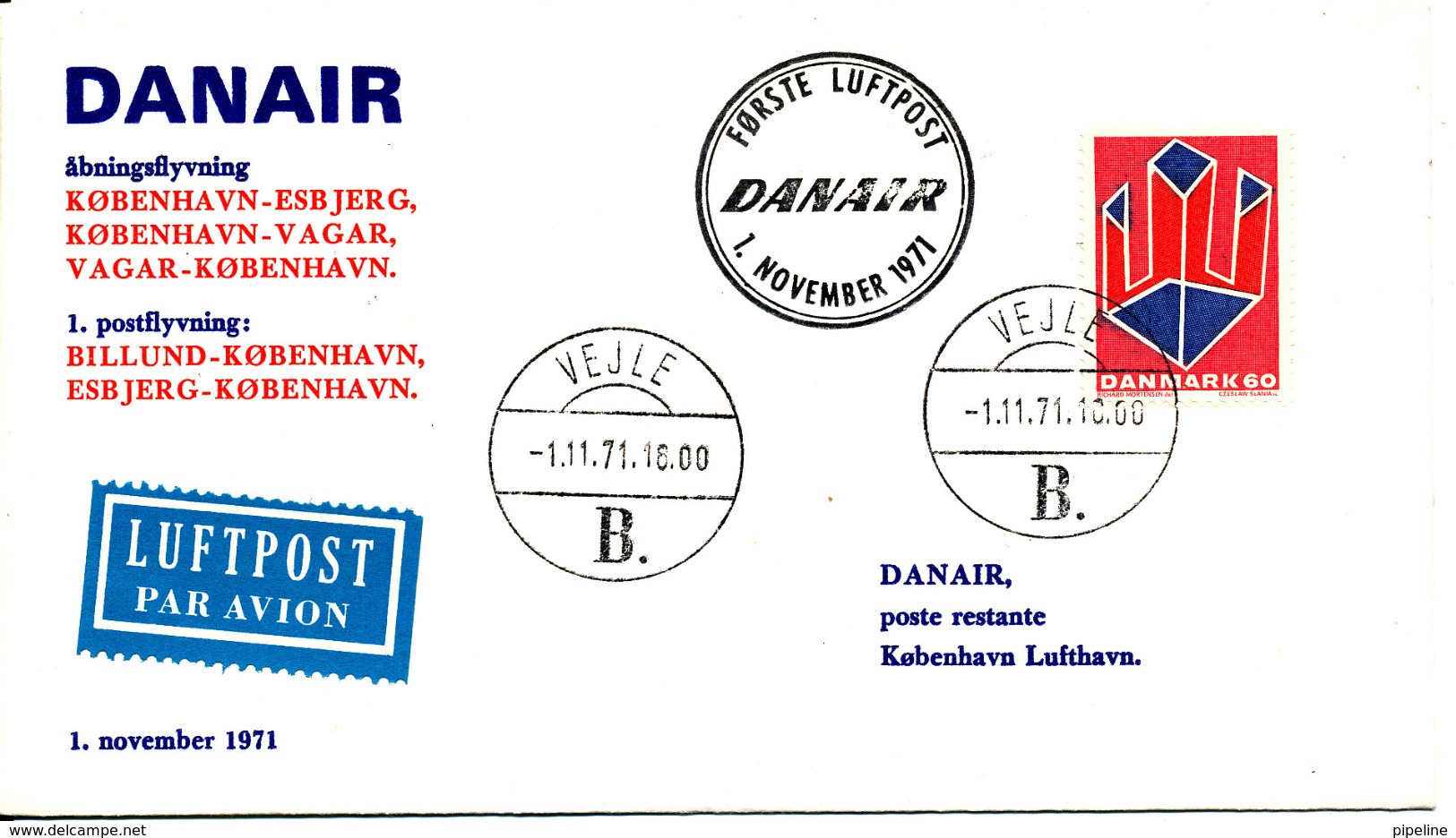 Denmark Danair First Air Mail Flight Cover Billund - Copenhagen 1-11-1971 - Covers & Documents