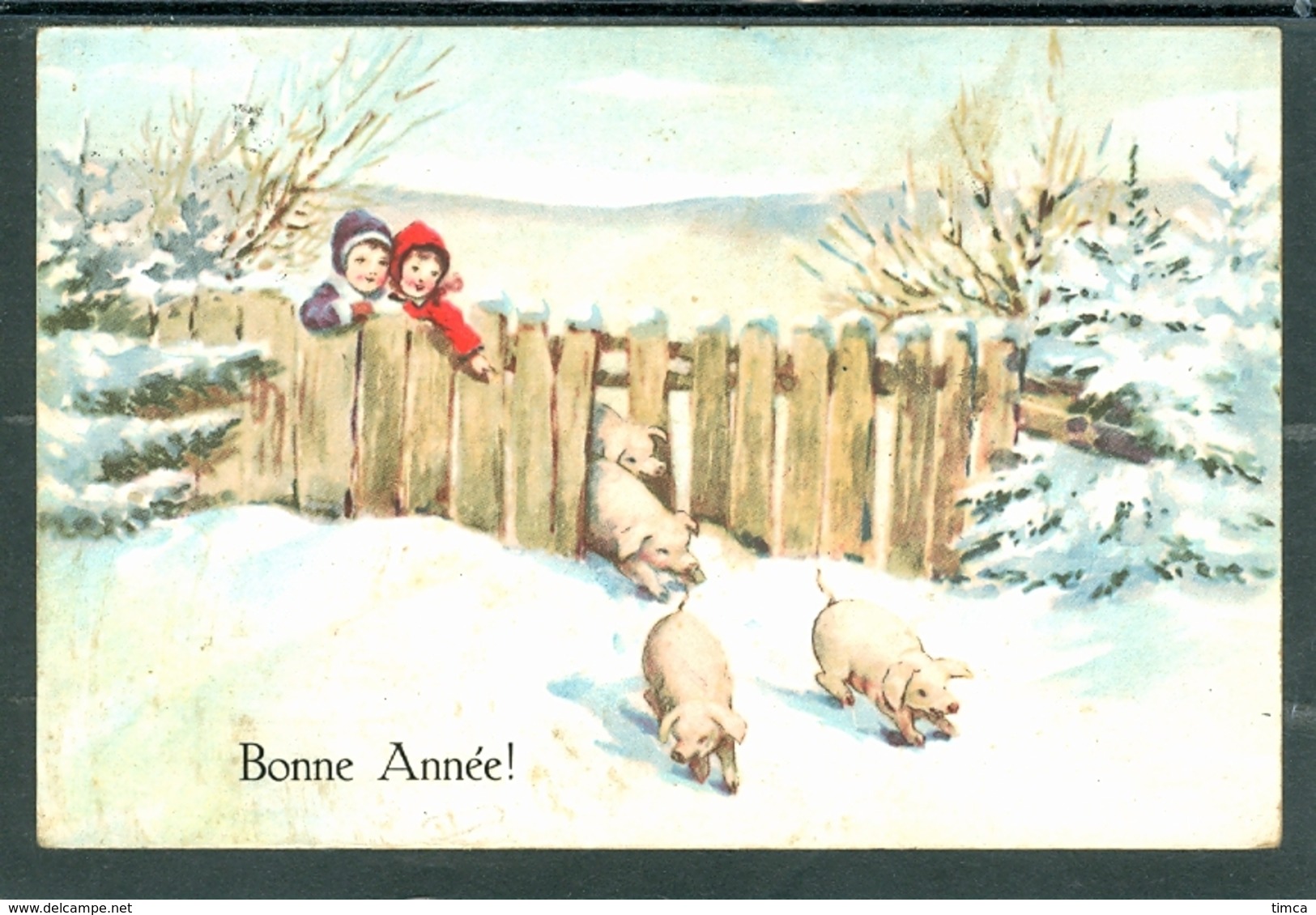 20407  Bonne Année  -  Quatre Petits Cochons Passant Une Palissade, Deux Enfants, Sapins, Neige - Nieuwjaar