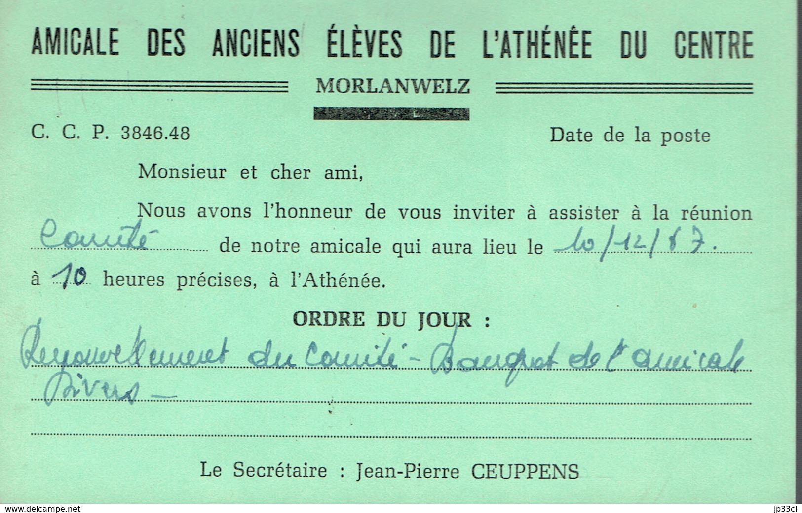 Ancienne Convocation à La Réunion De L'Amicale Des Anciens Élèves De L'Athénée Du Centre (Morlanwelz) 10/12/1987 - Ohne Zuordnung