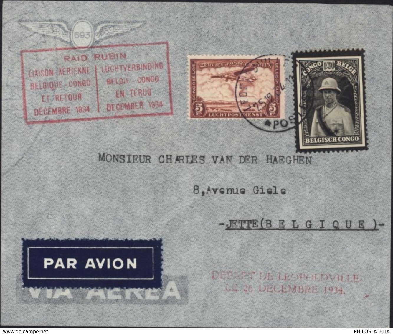 Congo Belge Poste Aérienne Raid Rubin Liaison Aérienne Belgique Congo Et Retour Décembre 1934 YT 184 + PA12 - Storia Postale