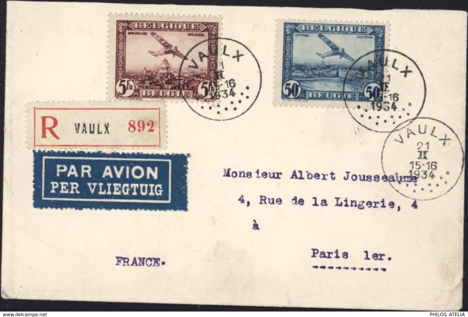 Belgique YT Poste Aérienne 1 + 4 CAD Vaulx 21 II 1934 Lettre Recommandée Par Avion - Lettres & Documents