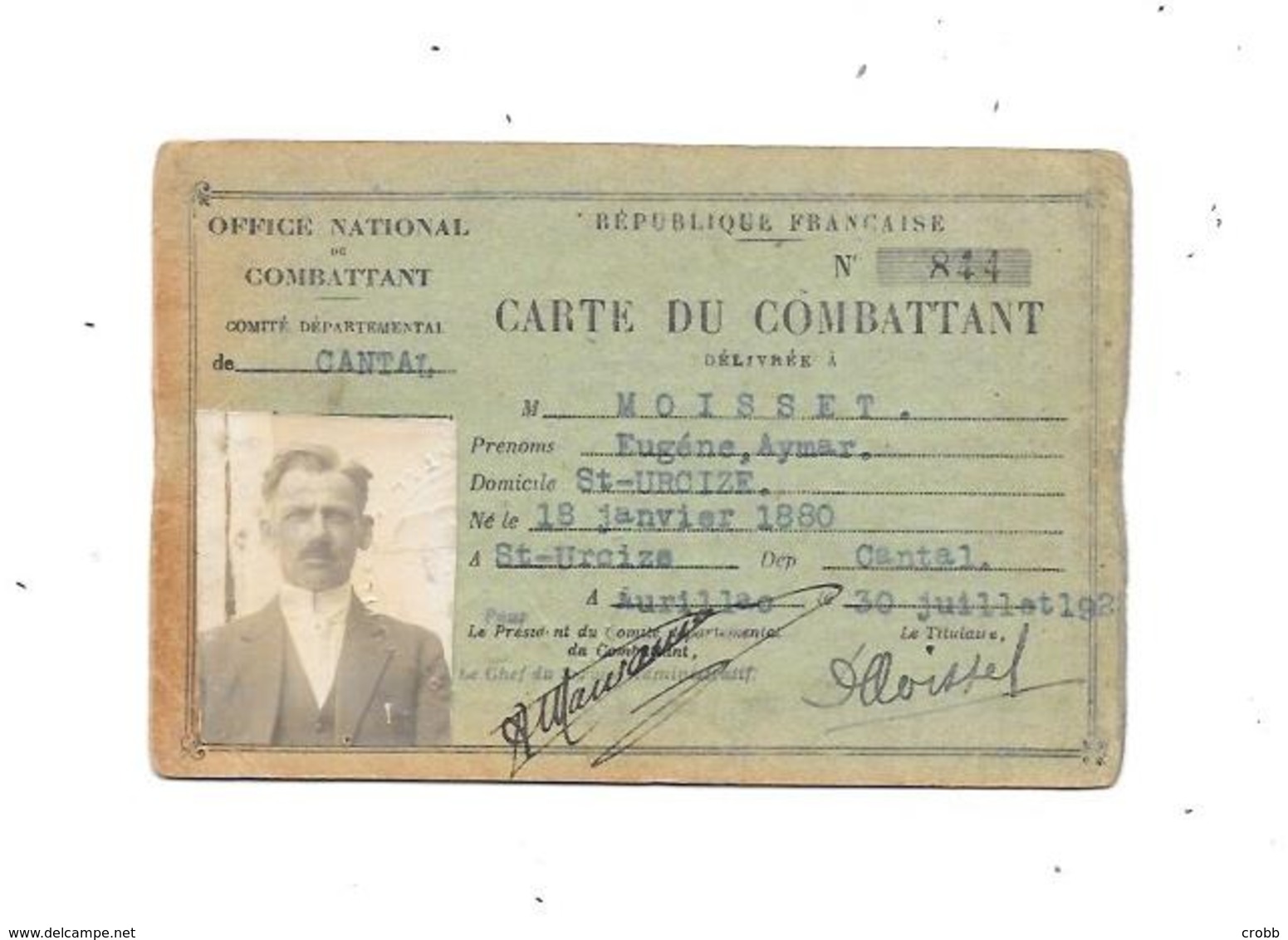 11273 - Carte Du Combattant , Comité Départemental Du CANTAL, Juillet 1928 - Documents