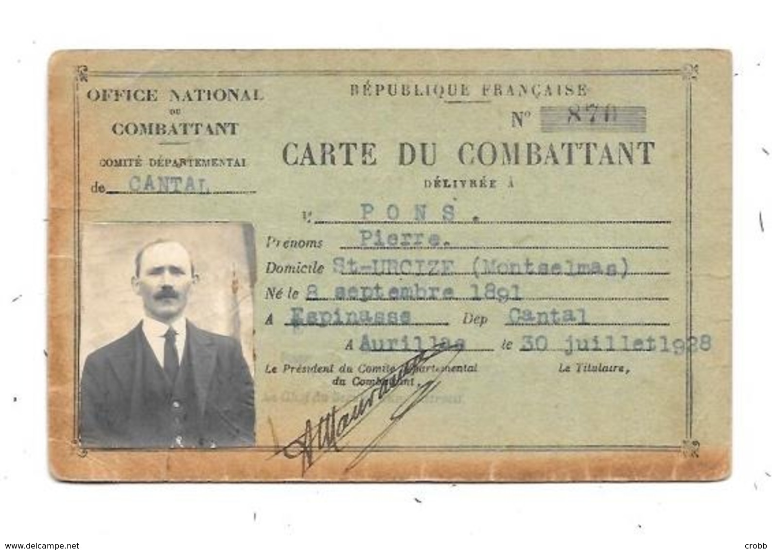 11274- Carte Du Combattant , Comité Départemental Du CANTAL, Juillet 1928 - Documents