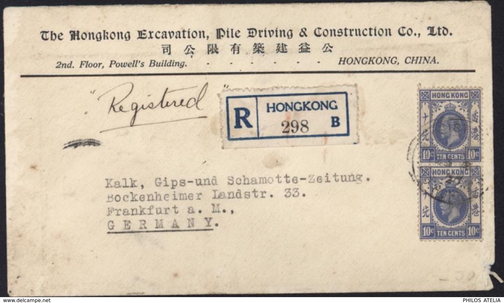 YT 104 X2 Recommandé Hong Kong 298B CAD 1927 Enveloppe Entête The Hongkong Excavation Pile Driving Construction China - Oblitérés