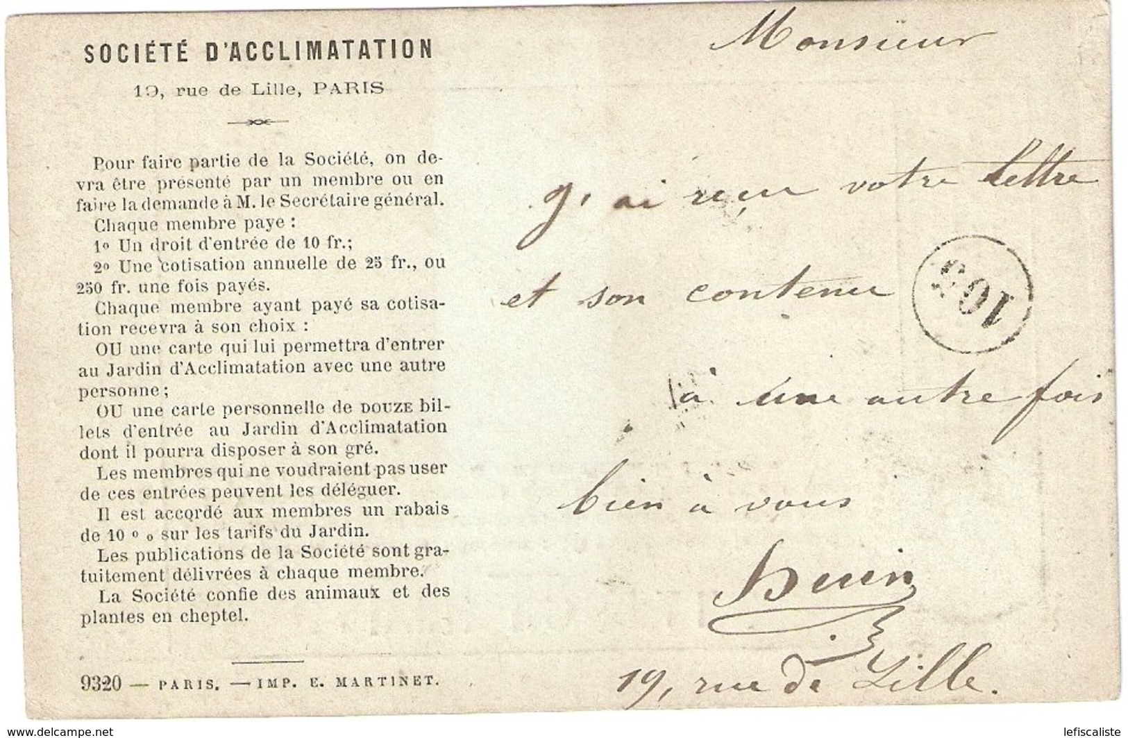 Carte Précurseur Privée Pour La Belgique Société D'acclimatation Paris 13 Juillet 1877 - Vorläufer