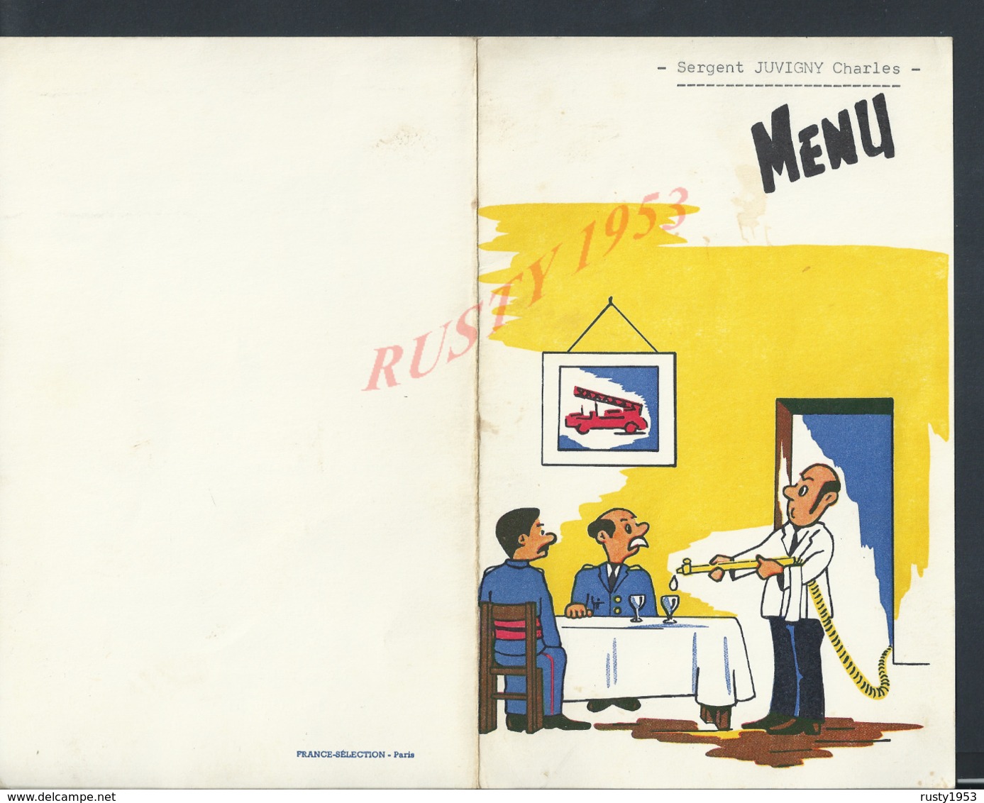 MILITARIA MENU POMPIERS ( POMPIER ) JUVIGNY CHARLES SAINTE BARBE 1964 AUBERGE DES 4 FILS AYMON COUILLY PONT AUX DAMES : - Pompiers