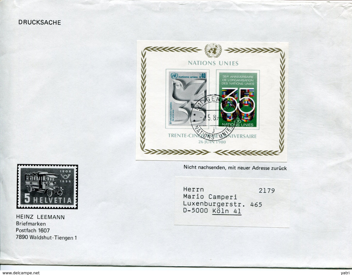 ONU Ginevra (1989) - Busta Per La Germania - Storia Postale