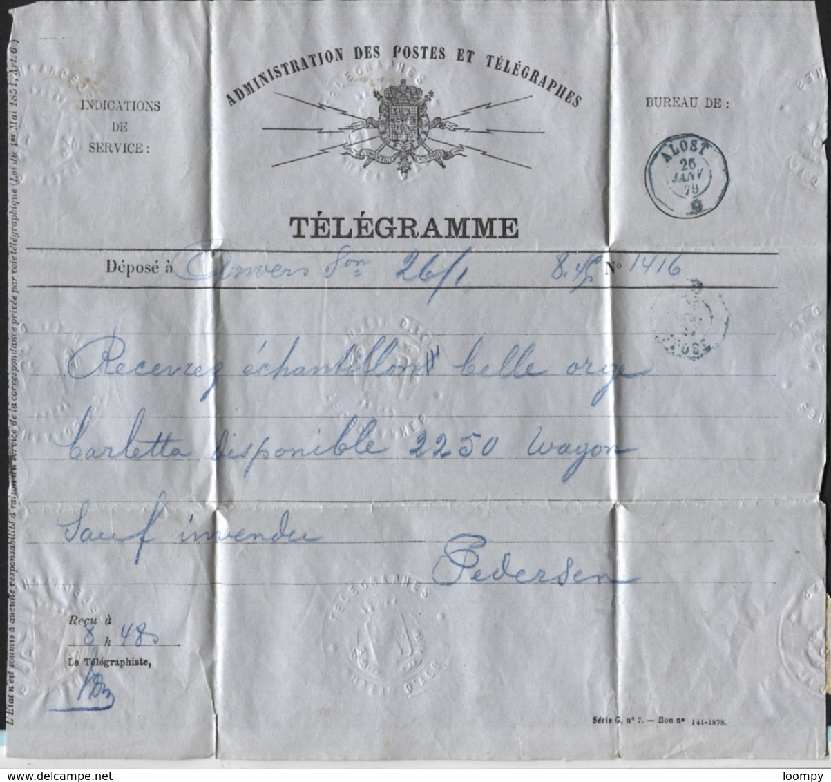 Télégramme Cachet En Relief + Càd Télégraphique Bleu ALOST 1879 - Brasserie Pilaet - Telegraph [TG]