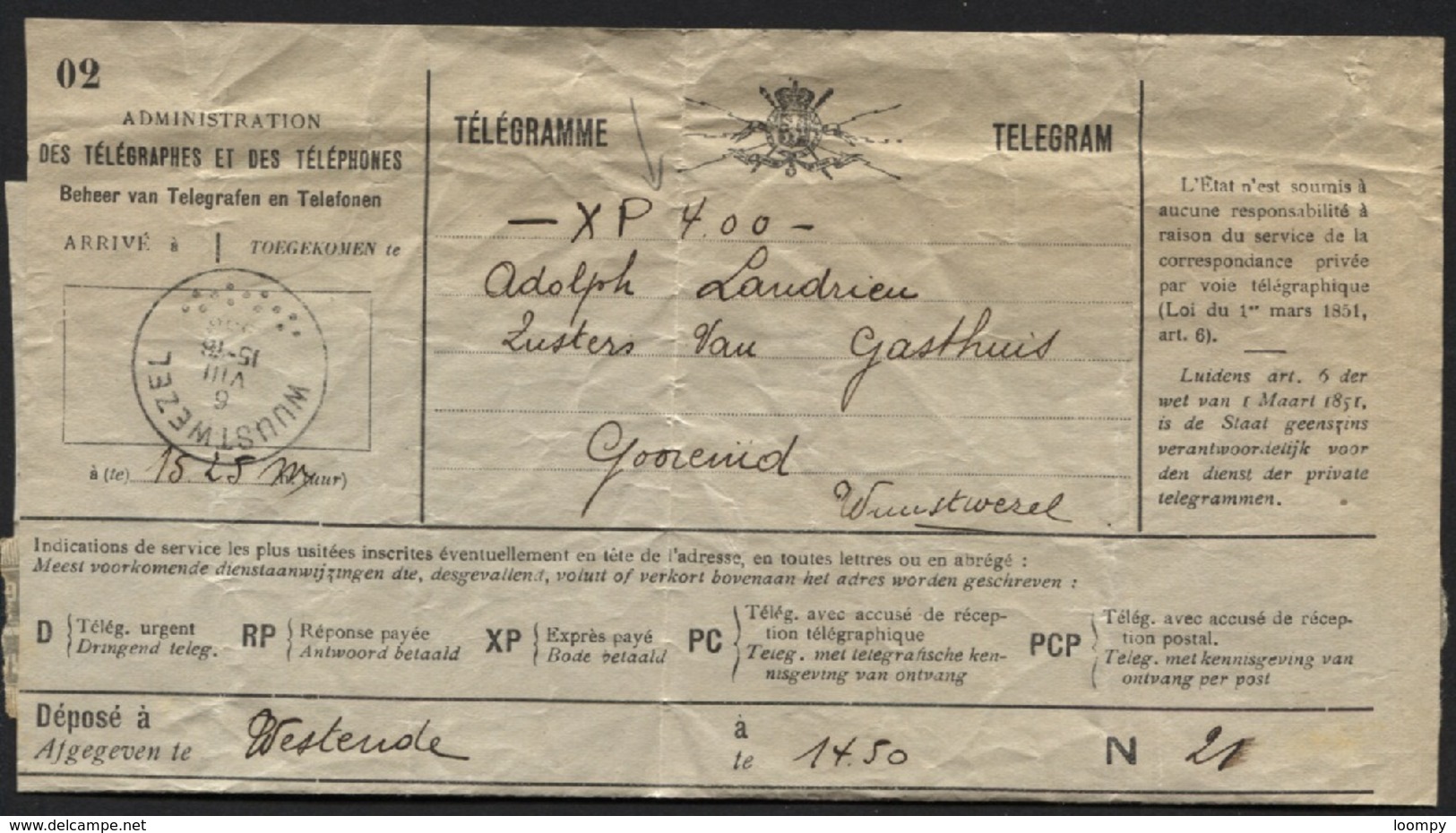 Telegramme Obl. Postale WUUSTWEZEL + XP 4.00 Pour Frais D'exprès Payés. (x90) - Telegrams