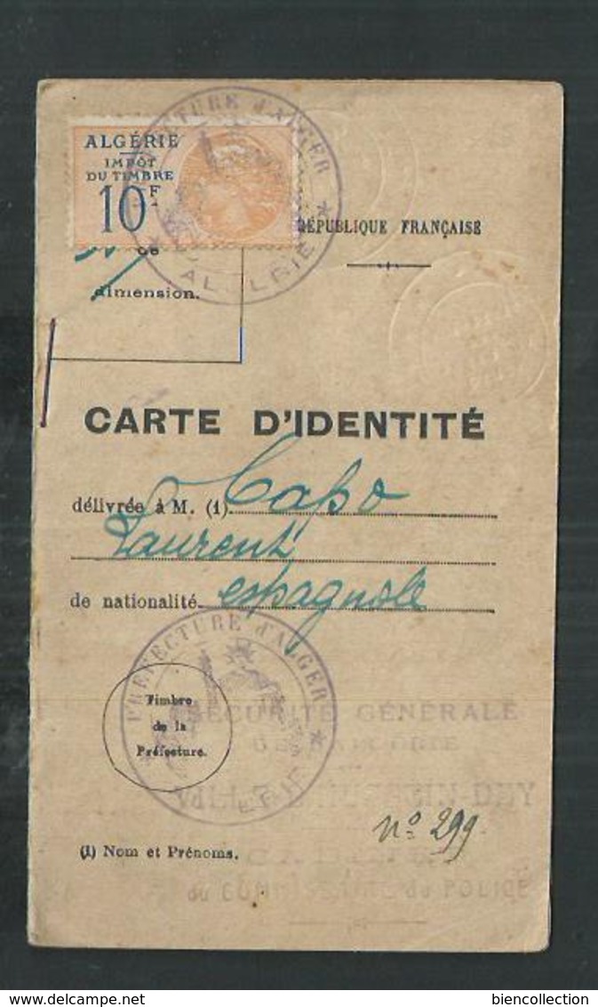 Timbre Fiscal D'Algérie Sur Carte D'identité De 1924 - Sonstige & Ohne Zuordnung