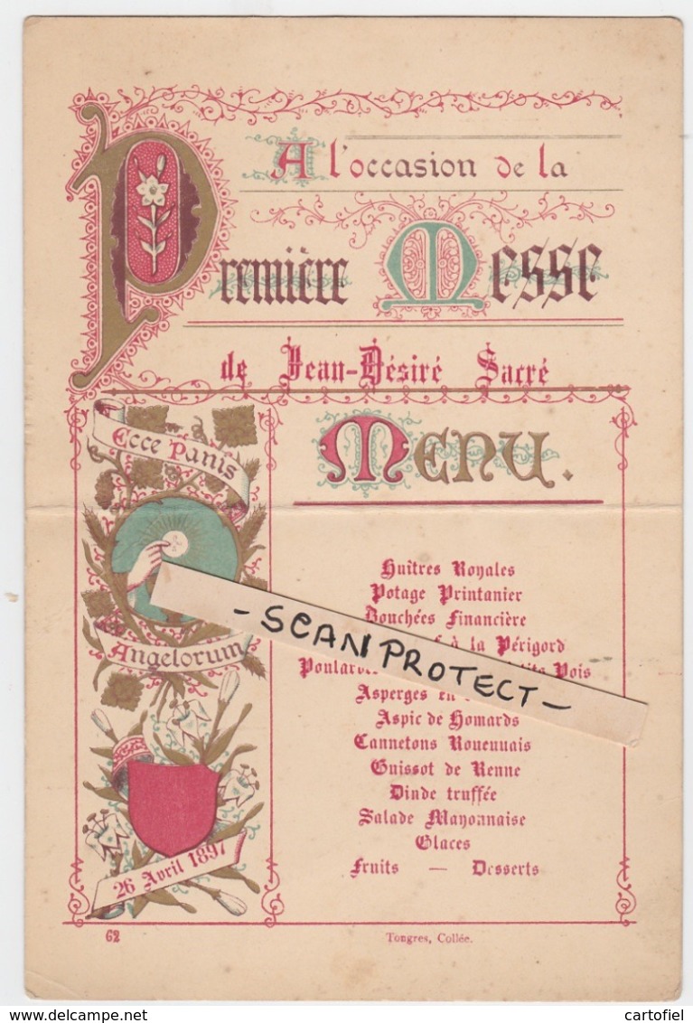 MENU-COLOREE-PREMIERE MESSE-TONGEREN-JEAN-DESIRE-SACRE-26.04.1897-DIMENSIONS+-13-19CM-VOYEZ 2 SCANS-A ETEE PLIEE! !-RARE - Menus