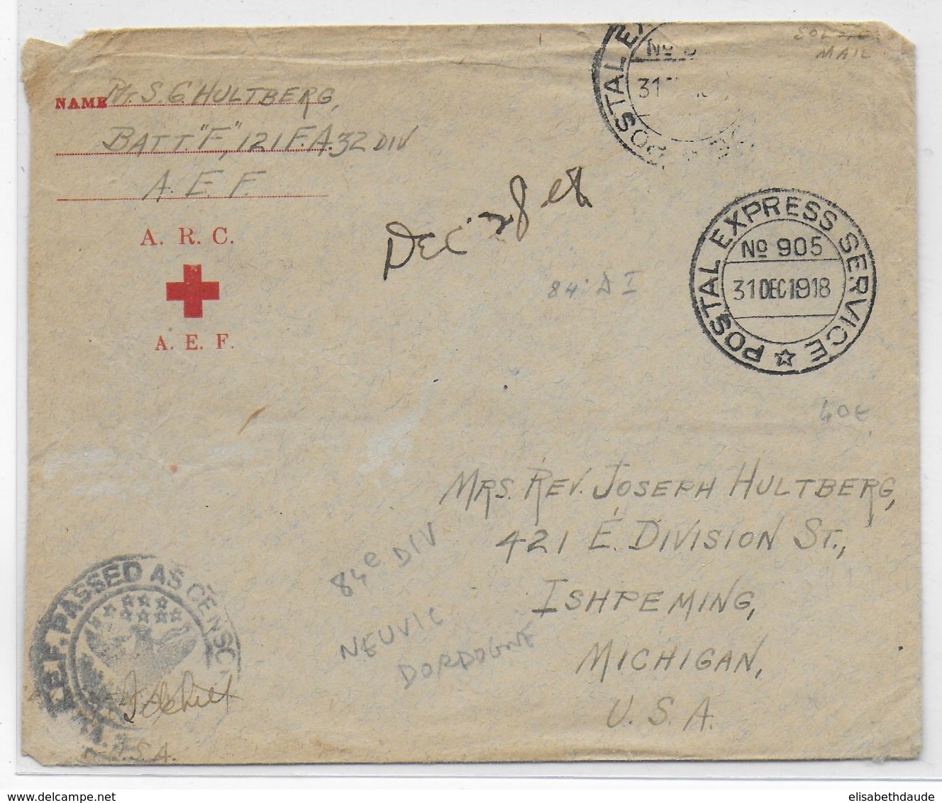 1918 - ARMEE AMERICAINE EN FRANCE - ENVELOPPE RED CROSS EXPRESS ! SERVICE N°905 Avec CENSURE - NEUVIC (DORDOGNE) => USA - Rode Kruis