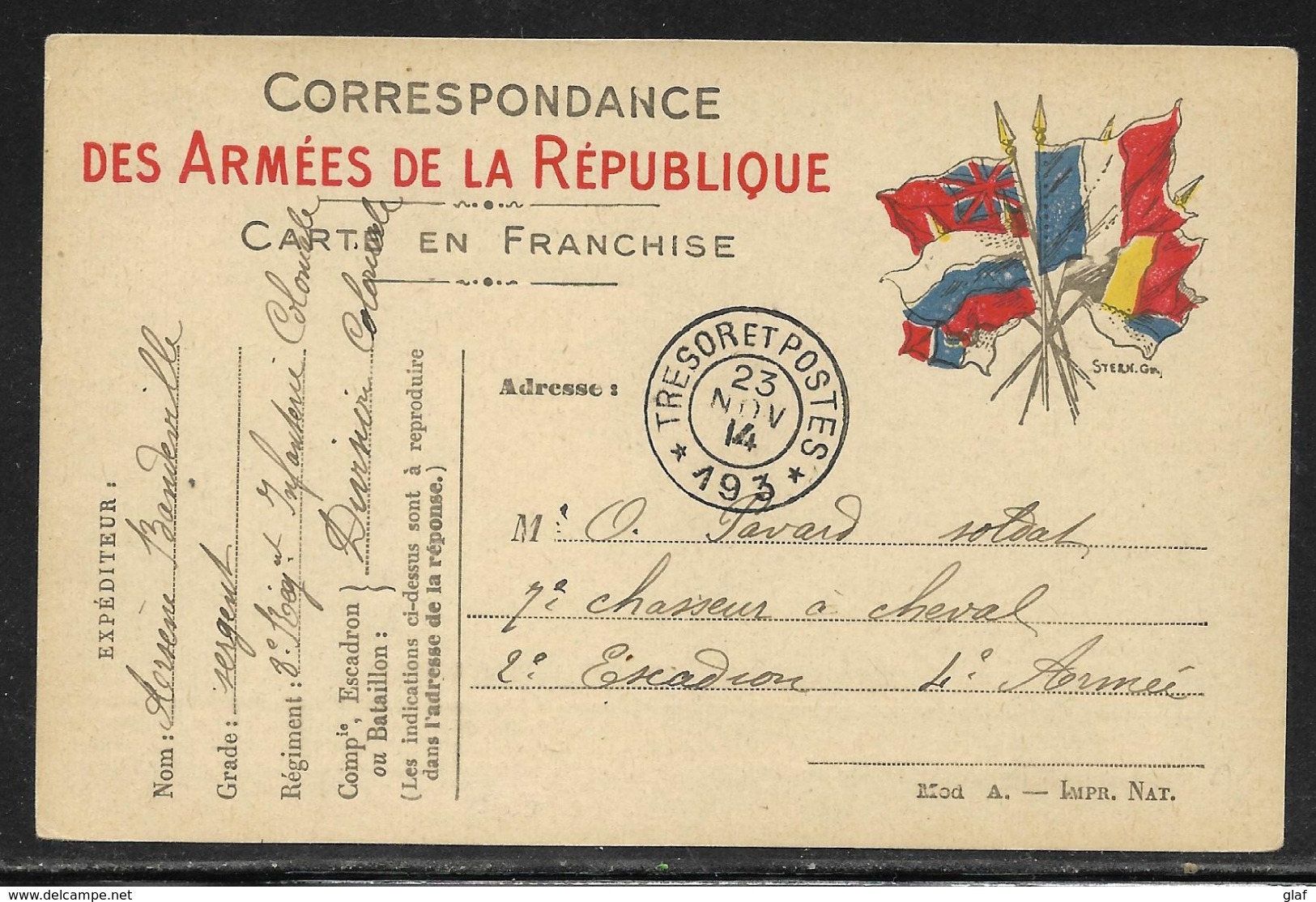 Bureaux De Payeurs : Tàd Trésor Et Postes 193 Le 23.11.1914 - 91e Division D’Infanterie Territoriale / CP FM 6 Drapeaux - Lettres & Documents