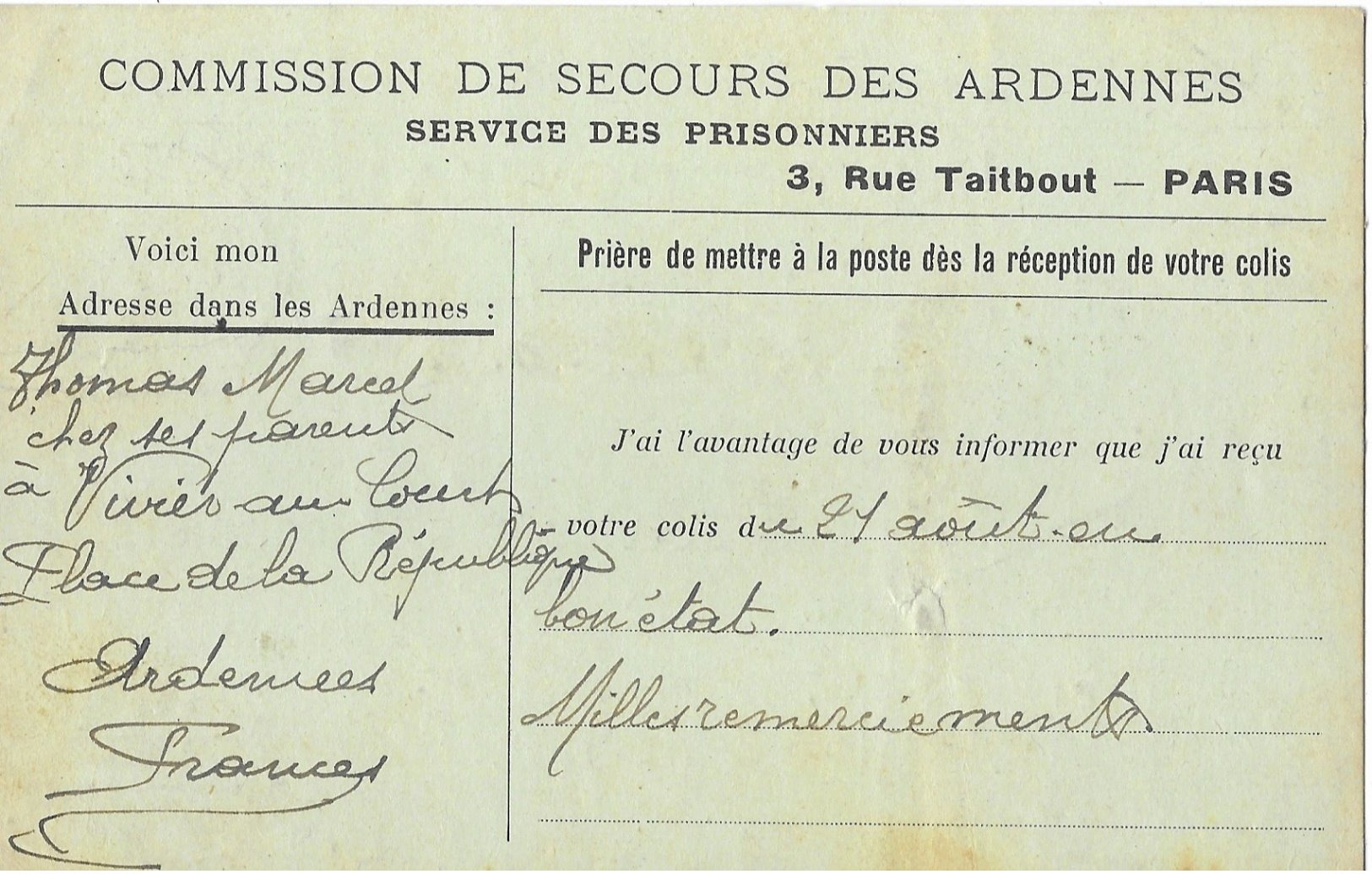 Ardennes  Vivier Au Court  Thomas Marcel Chez Ses Parents  Soltau  Prisonnier - 1. Weltkrieg 1914-1918