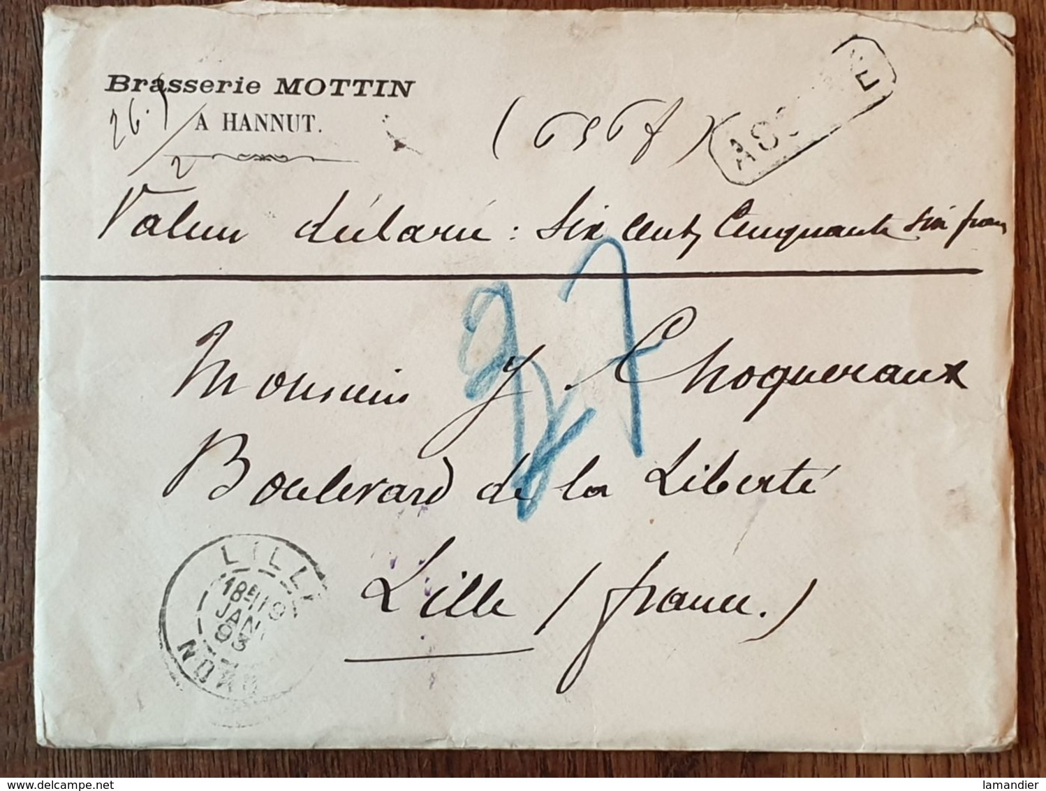 Lettre "ASSURÉ" 656fr Brasserie MOTTIN Hannut 19/01/1893 - Lille - Autres & Non Classés