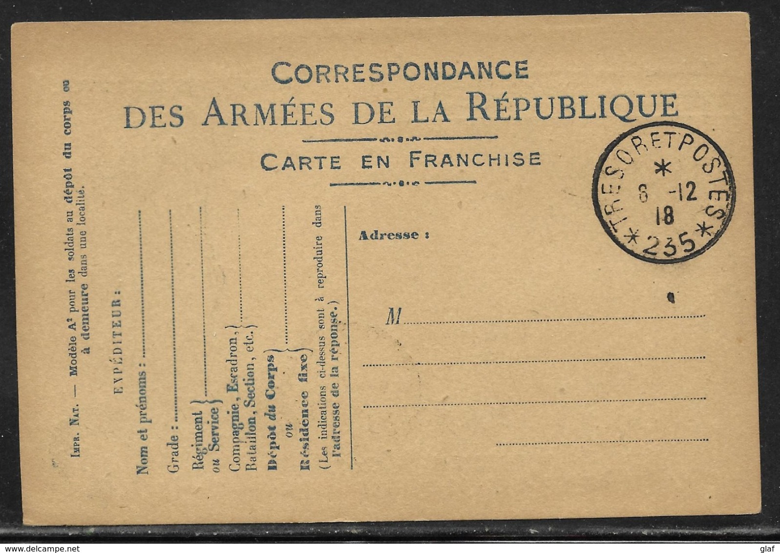 Secteurs Postaux : Trésor Et Postes 235 (complaisance) 8.12.1918 / CP FM Emprunt De La Libération Mod. A2 - Guerre De 1914-18
