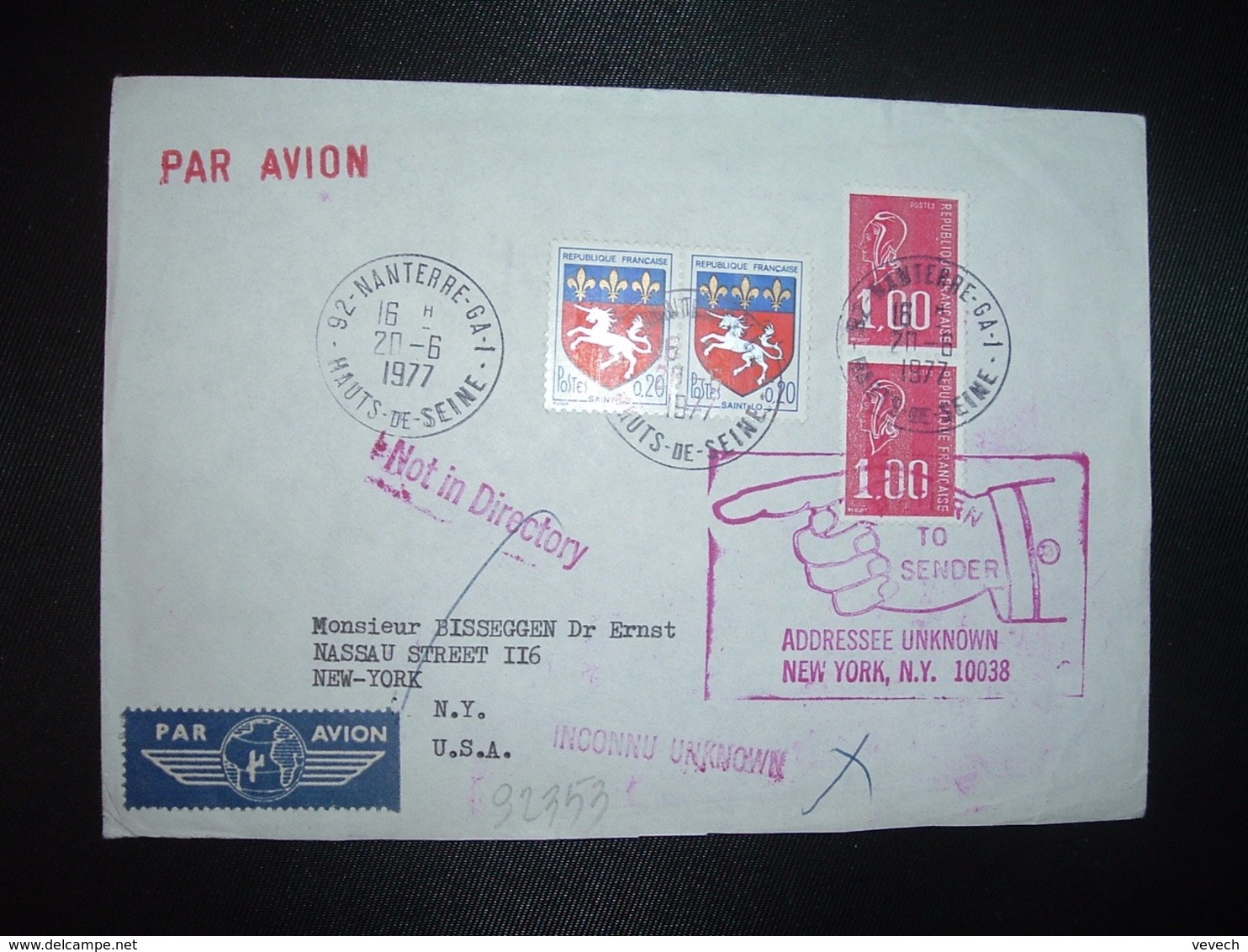 LETTRE Pour USA TP M. DE BEQUET 1,00 Paire + ST LO 0,20 Paire OBL.20-6 1977 92 NANTERRE GA 1 + RETOUR + REEXPEDITION - 1961-....