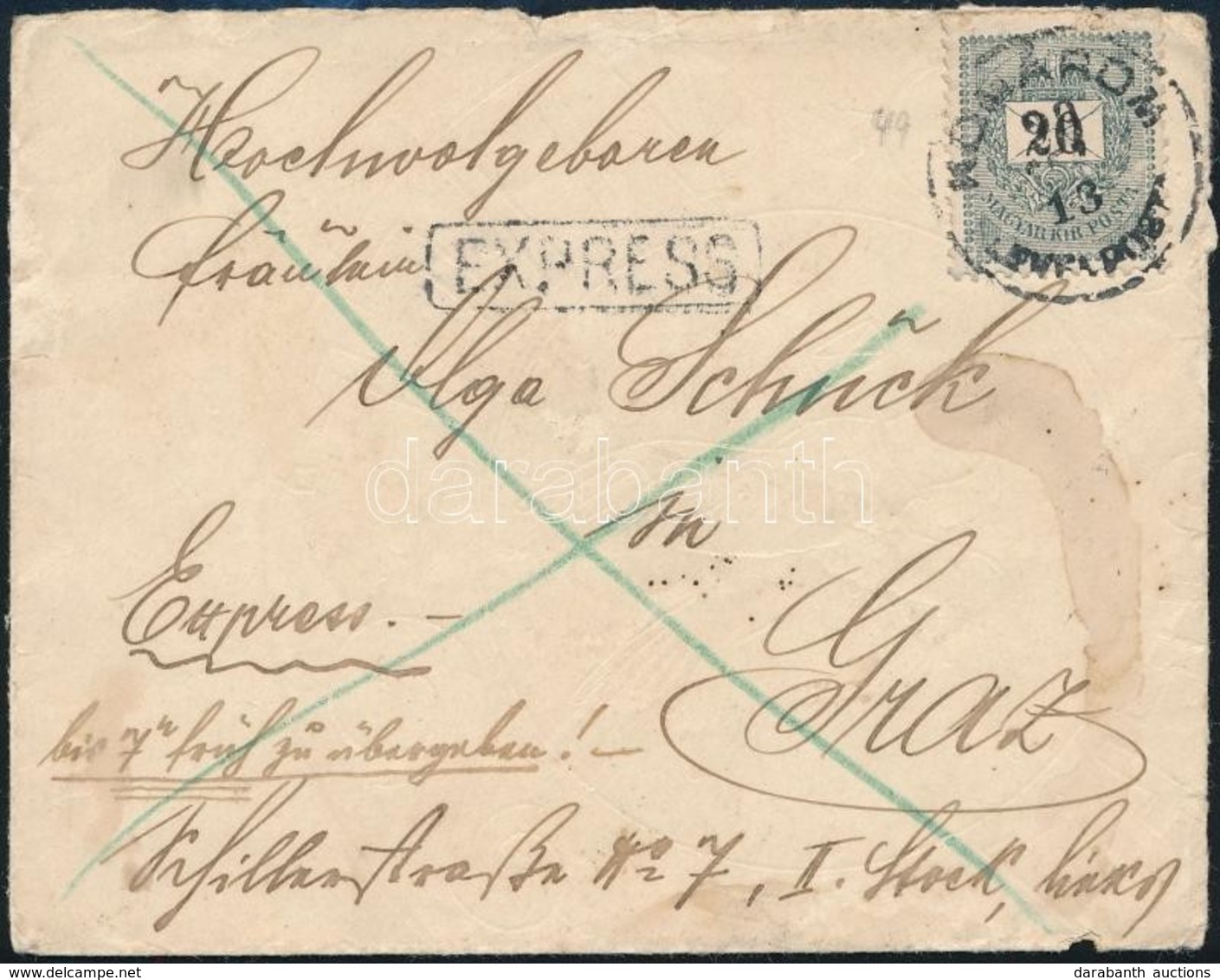 1899 Expressz Levél Grazba Feketeszámú 20kr Bérmentesítéssel 'KOMÁROM LEVÉLPOSTA' - Altri & Non Classificati